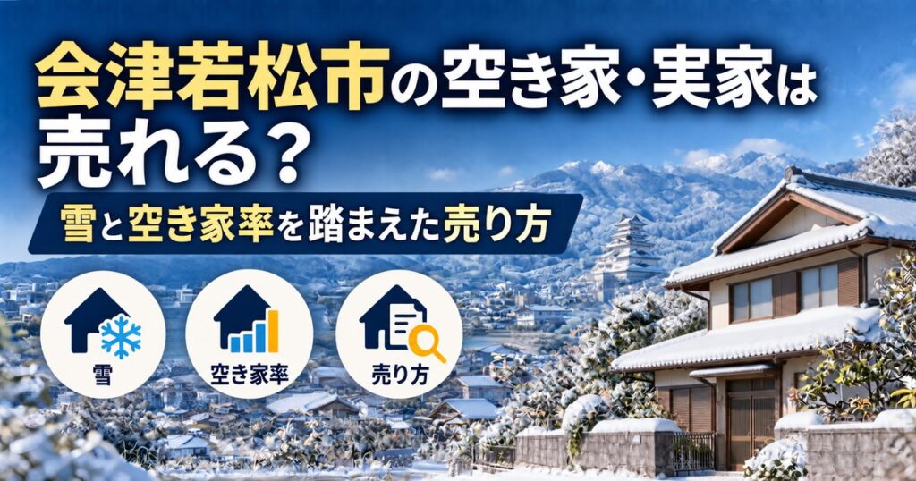 雪を被った会津若松市の古い日本の戸建て住宅